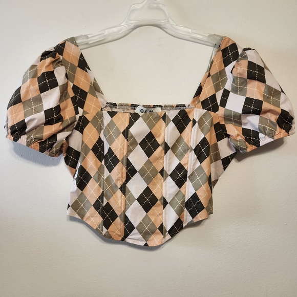 Corset Style Argyle Print Puff Sleeve Square Neck Crop Top - Picture 1 of 11